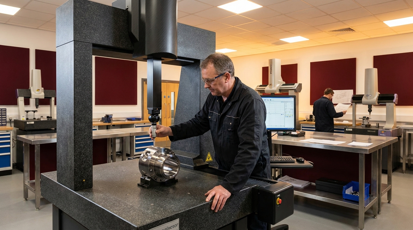 A machined stainless steel part being measured on a bright inspection bench.