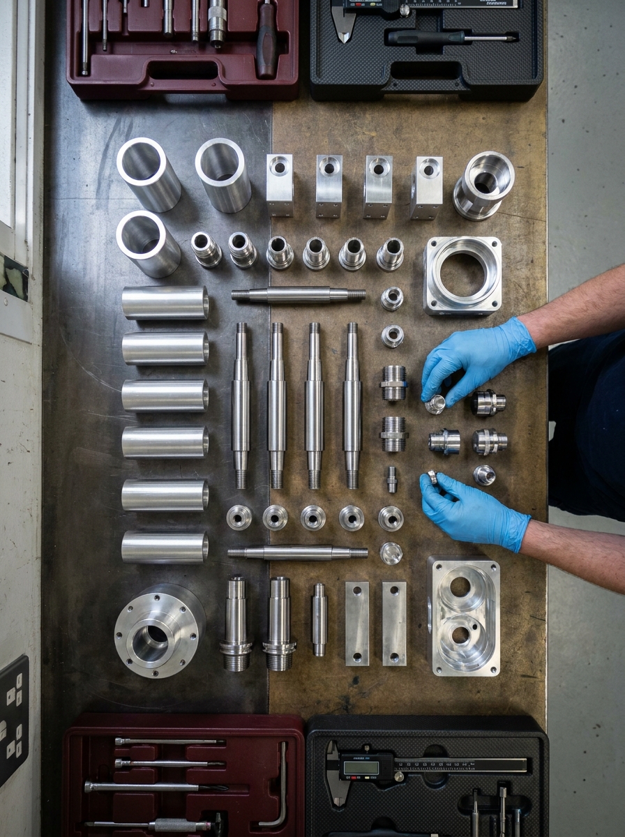 Machined metal components laid out on a bright workbench.