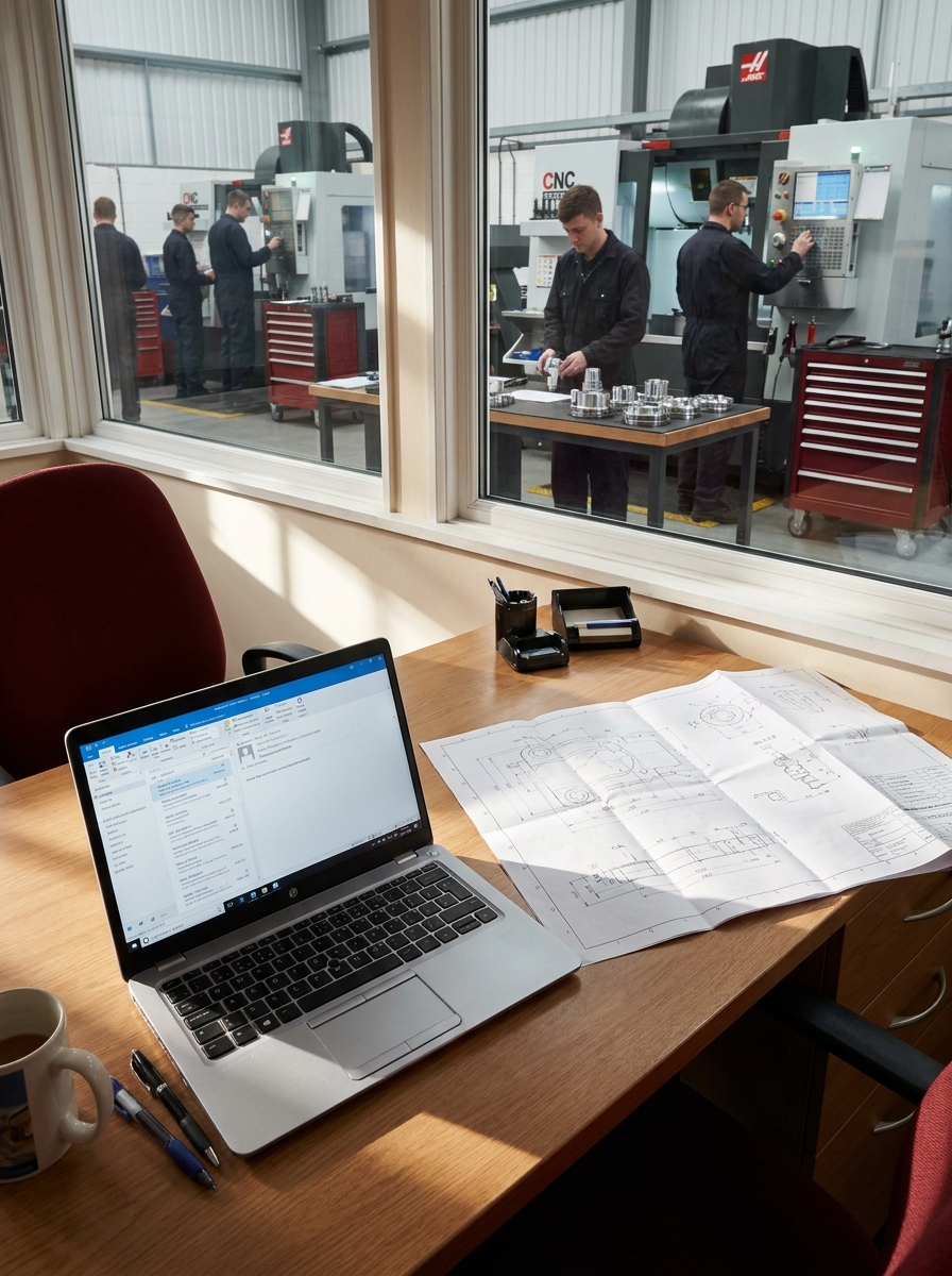 An office worker at a laptop with an email inbox open, machined metal components on a technical drawing on the bright desk.