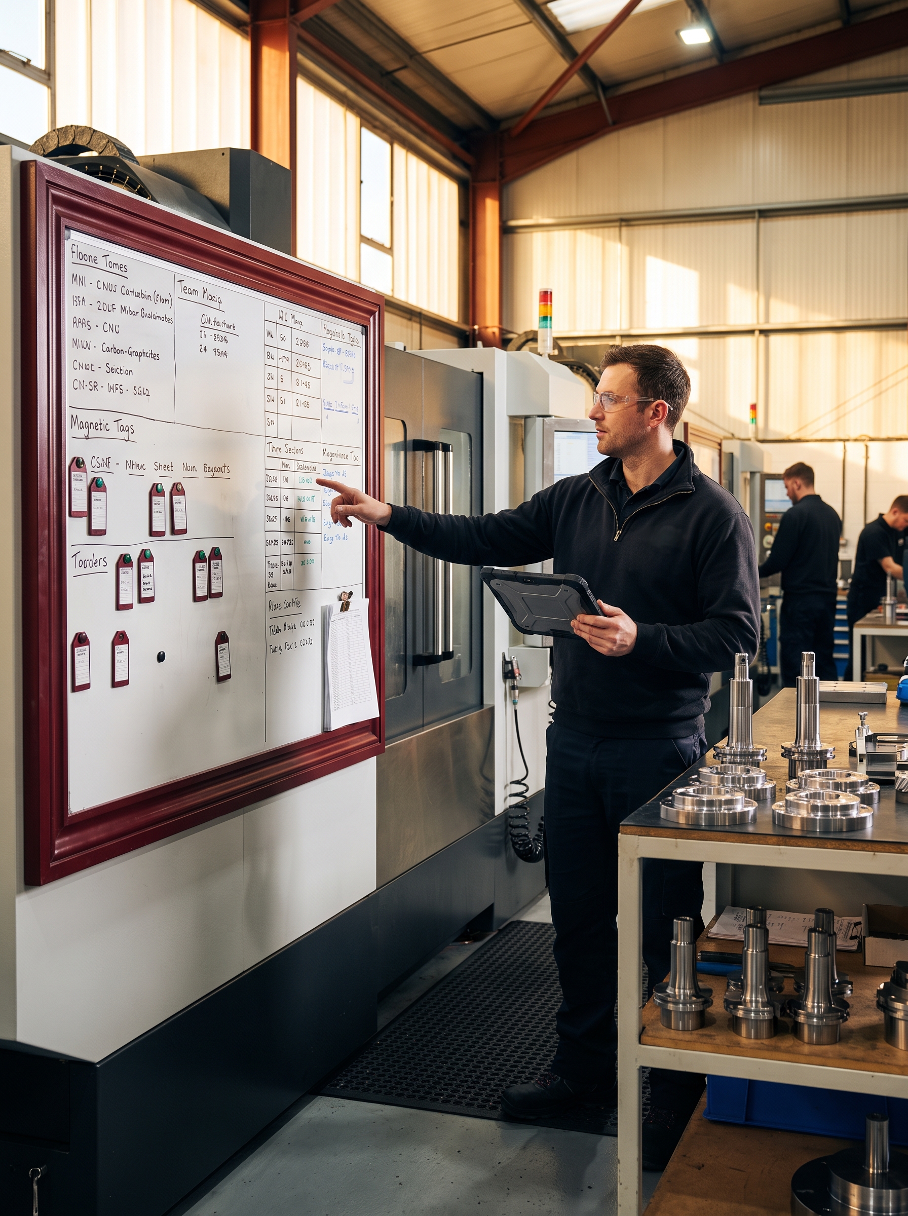 Bright shelves of neatly stacked metal bar stock and machined components in a busy engineering workshop, an engineer checking a job schedule.
