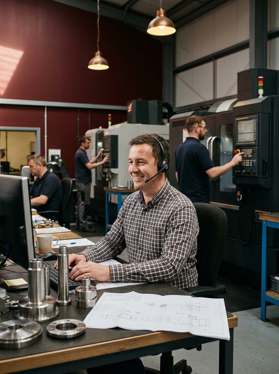 A smiling account manager on a phone headset at a bright engineering office desk, with machined stainless steel parts and a technical drawing in front of them.