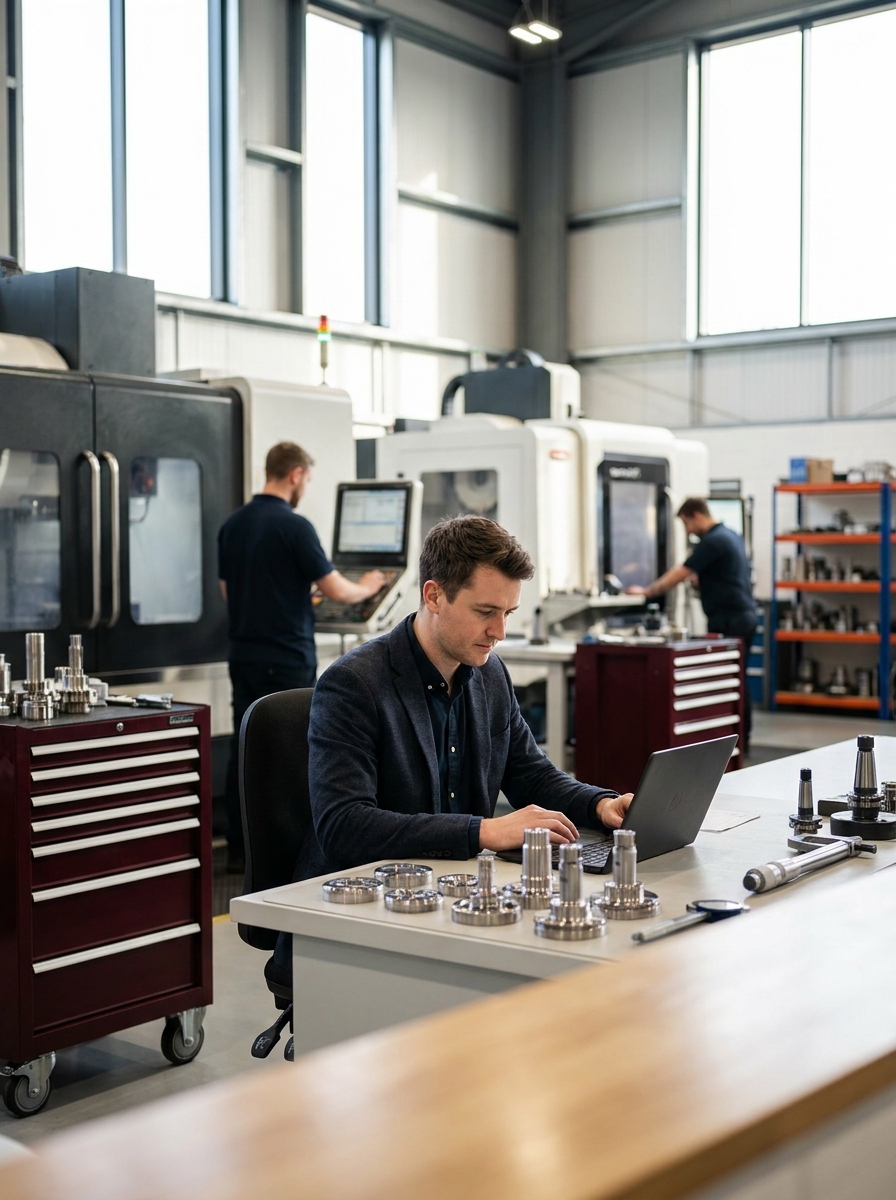 A person holding a smartphone with a messaging app open in a bright office, machined metal parts softly in the background.